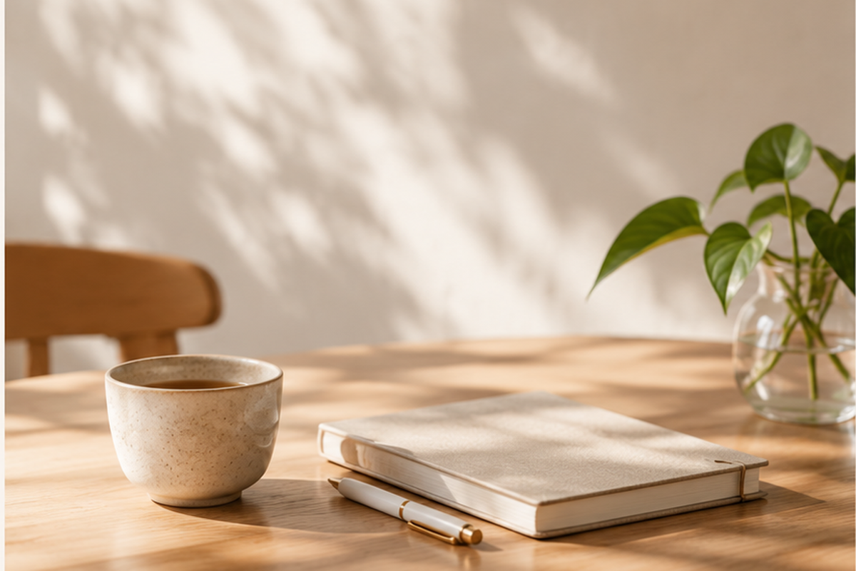 A warm minimalist reading scene with a coffee cup, notebook, and soft natural light